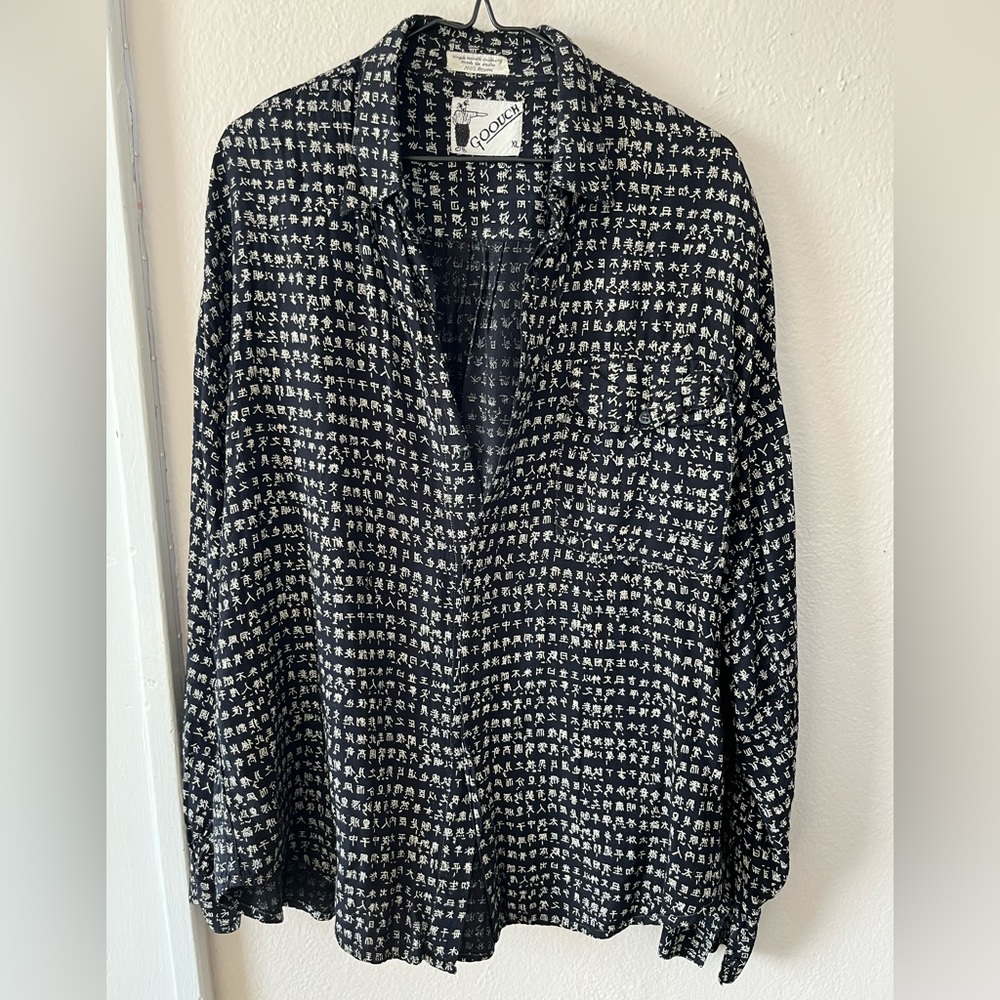 Goouch Mens XL Vintage Rayon Japanese Print Black and White Graphic Shirt